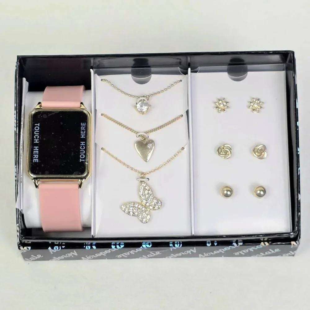 Aeropostale Digital Watch Jewelry Set Pink Gold Tone